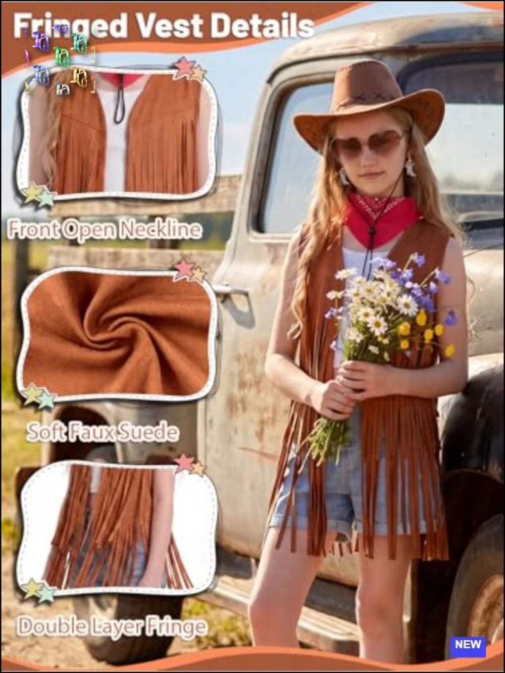 Girls Cowgirl Costume 6pc Set Fringe Vest Hat Bandana Kids Western Rodeo Outfit